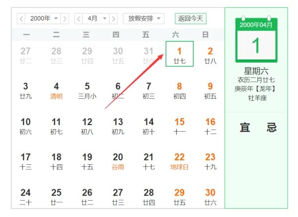 2018年4月1号愚人节是周日,那么2000年4月1⃣️号是周几?